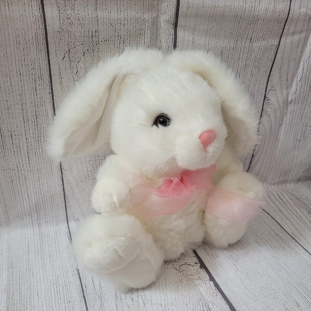 SKM White Plush Sitting Easter Bunny Floppy Rabbit Stuffed Animal Pink Ears Bow
